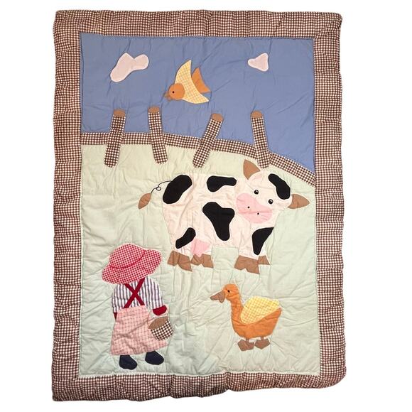 Vintage‎ Baby Nursery Crib Quilt Tummy Time Blanket Farm Animals Cow Duck Cotton - Picture 1 of 11